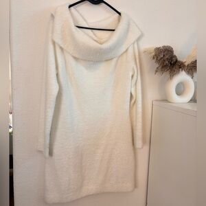 H&M White Fuzzy Off-Shoulder Sweater Dress